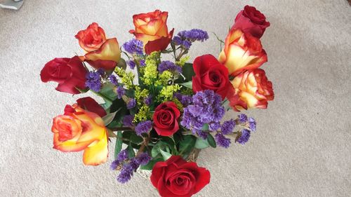 High angle view of rose bouquet on table