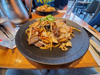 High angle view of meal served on table