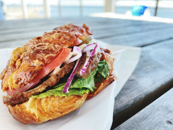 Close-up of sandwich served in plate on table