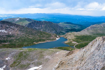 Scenic view of lake by mountains against sky