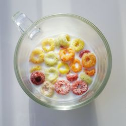 High angle view of fruits in plate on table