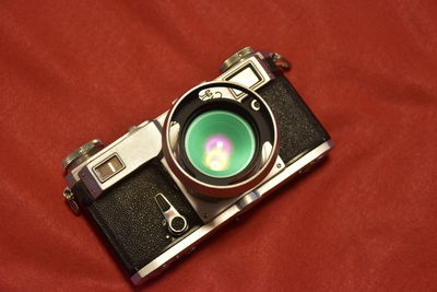 High angle view of camera on table