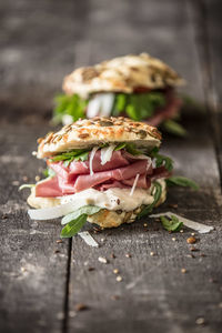 Close-up of sandwich served on table