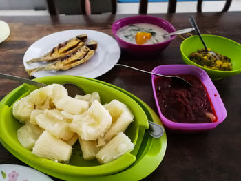 High angle view of fruits in bowl on table