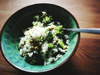 High angle view of chopped vegetables in bowl on table