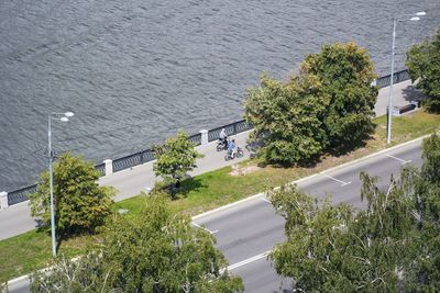 High angle view of trees by building in city