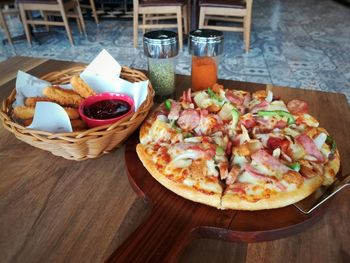 High angle view of pizza on table
