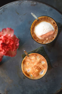 High angle view of coffee on table