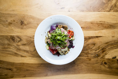 High angle view of salad in bowl on table