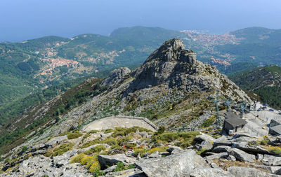 Aerial view of landscape and mountains against sky