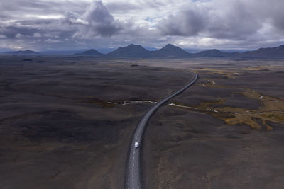 Iceland,austurland,aerial view of lone truck driving along route 1