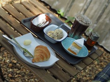 High angle view of breakfast on table