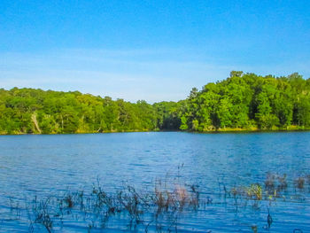 Scenic view of lake against blue sky