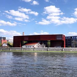 Bridge over river with buildings in background