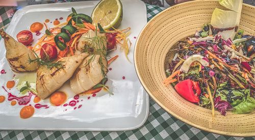 High angle view of meal served on table