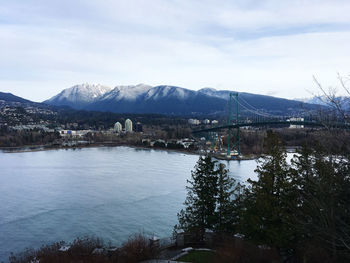 Scenic view of lake by mountains against sky