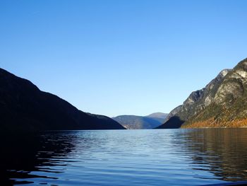 Scenic view of lake and mountains against clear blue sky