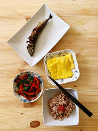 High angle view of breakfast served on table