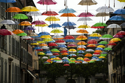 Low angle view of multi colored umbrellas hanging in row