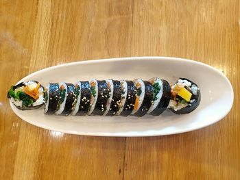 High angle view of sushi in plate on table