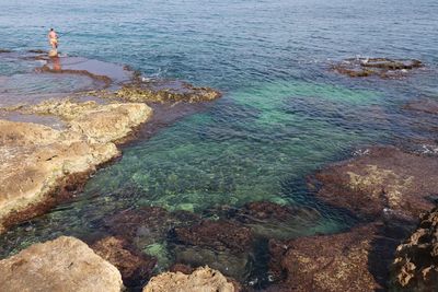 High angle view of rocks on shore