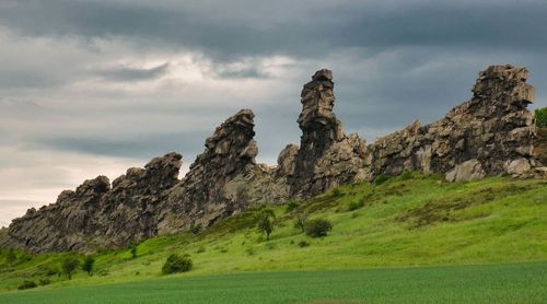 Rock formations on landscape against sky
