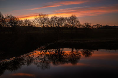 Silhouette trees by lake against sky during sunset