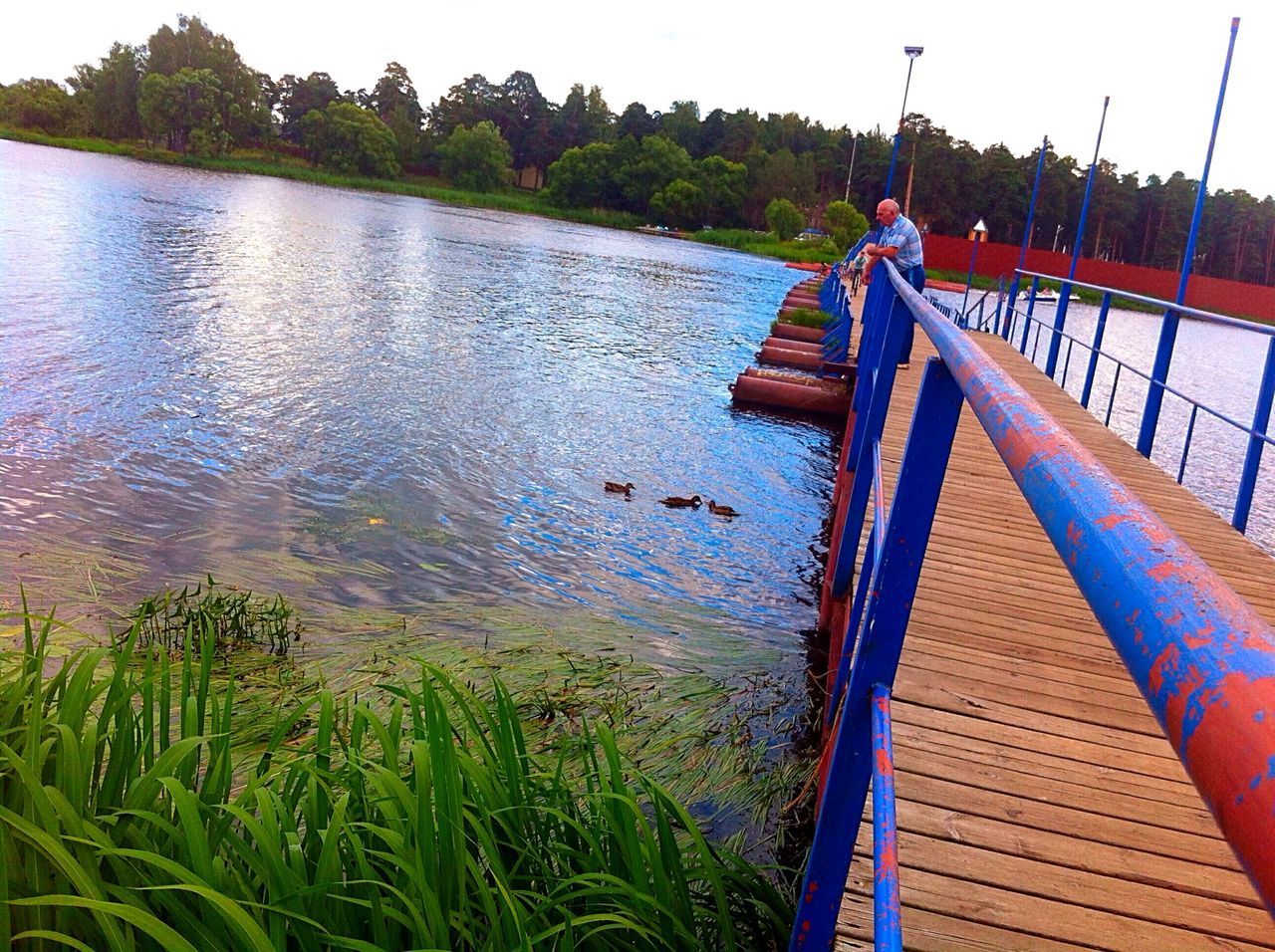 water, lake, pier, nautical vessel, transportation, boat, railing, wood - material, river, tranquility, jetty, tranquil scene, sky, nature, grass, red, day, mode of transport, outdoors, rippled