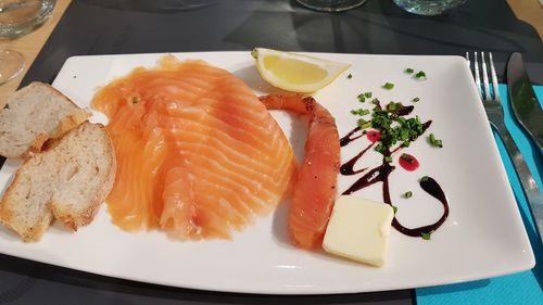 High angle view of seafood served on table