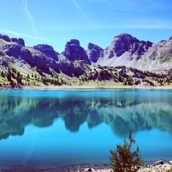 Scenic view of lake and mountains against sky