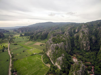 High angle view of trees on landscape against sky