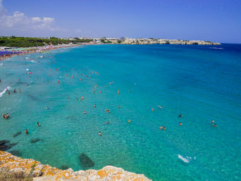 High angle view of beach against blue sky