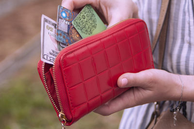 Midsection of woman with paper currency and credit cards in red purse