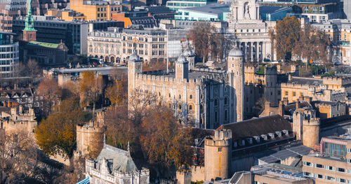 High angle view of buildings in city