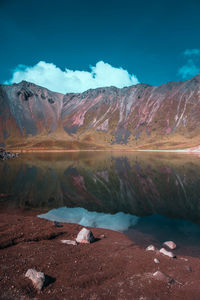 Scenic view of lake by mountains against sky