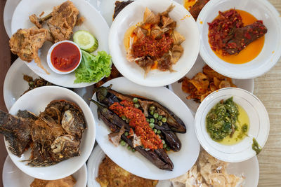 High angle view of meal served on table