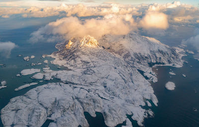 Aerial view of snowcapped mountains against sky