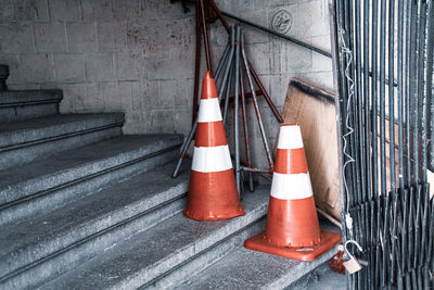 Red flag on staircase in city
