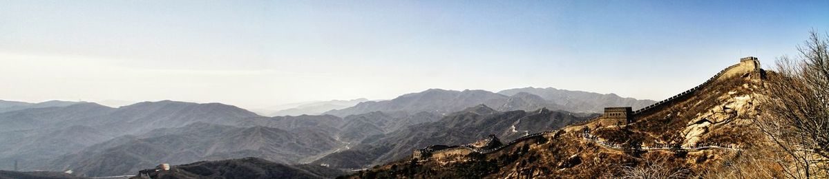 Panoramic view of mountains against clear sky