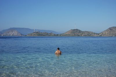 Rear view of shirtless man in sea against clear blue sky