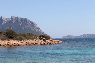 Scenic view of sea and mountains against clear sky