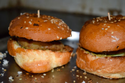 Close-up of burger on table