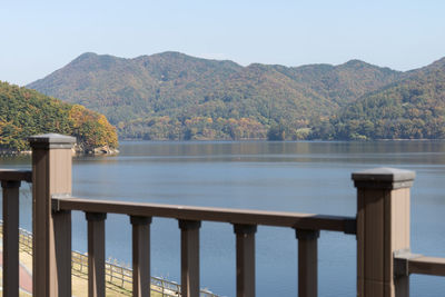 Scenic view of lake and mountains against clear sky