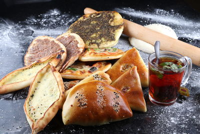 Close-up of food on table lebanese pastry break fast with mint tea