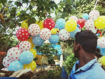 High angle view of multi colored balloons