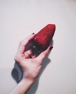 Close-up of hand holding over white background