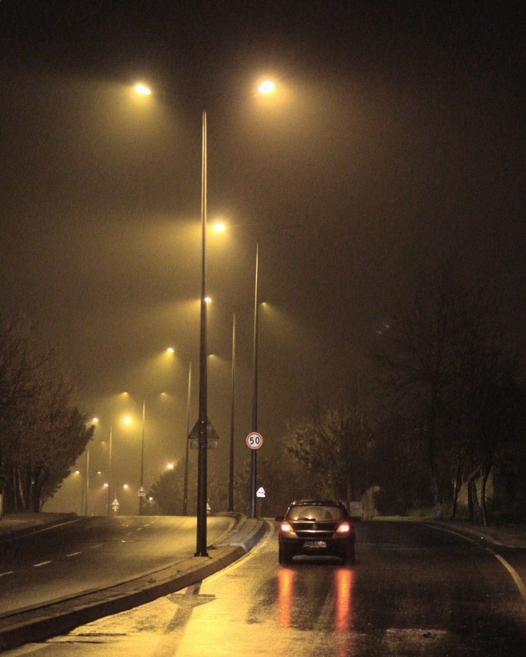 CARS ON STREET AT NIGHT DURING RAINY SEASON