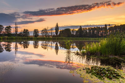 Scenic view of lake against orange sky