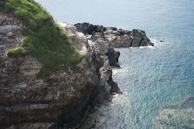 High angle view of rocks on beach while hiking at bukit singa, pulau kapas, terengganu 