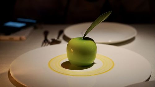 Close-up of dessert served on table